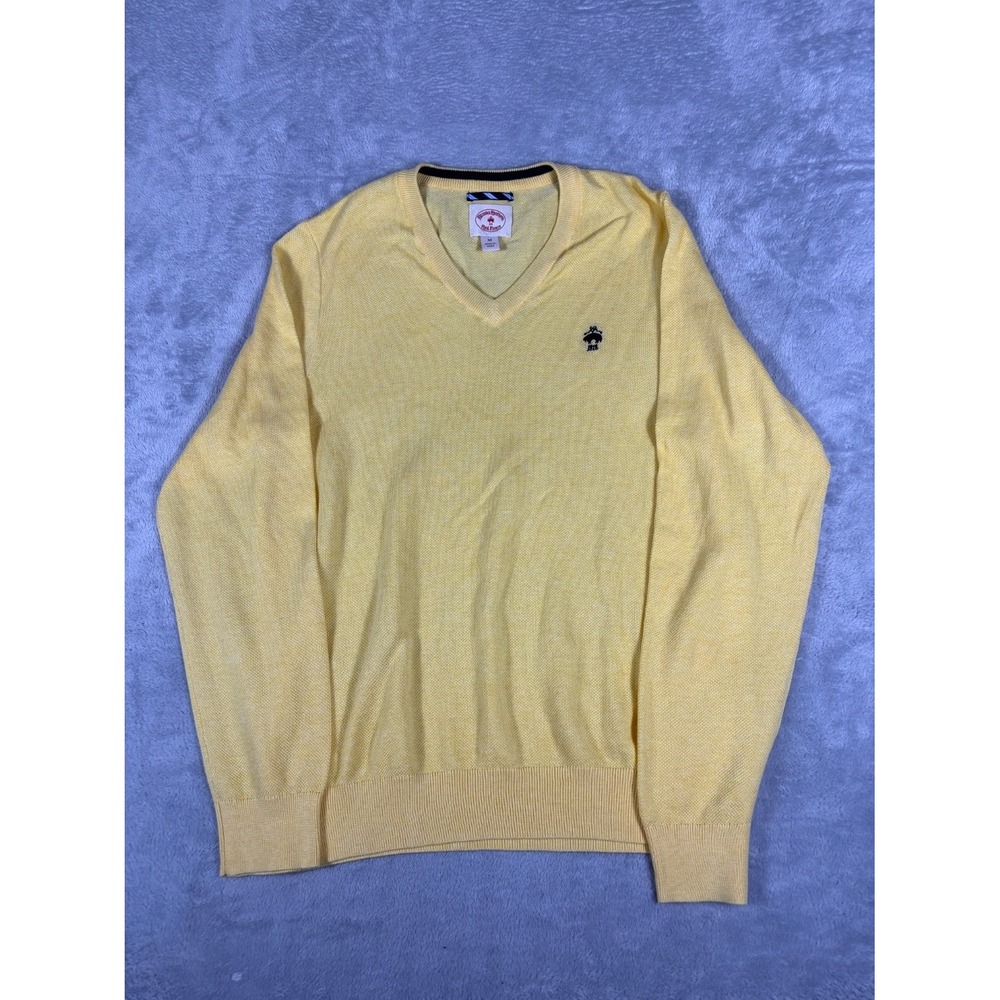 Brooks Brothers Sweater Red Fleece Mens M Yellow V-Neck Embroidered Ribbed Trim